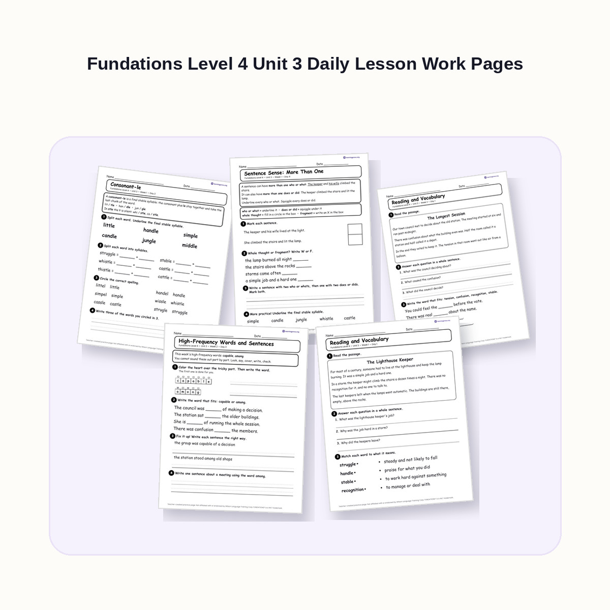 Preview of Fundations Level 4 Unit 3 Daily Lesson Work Pages