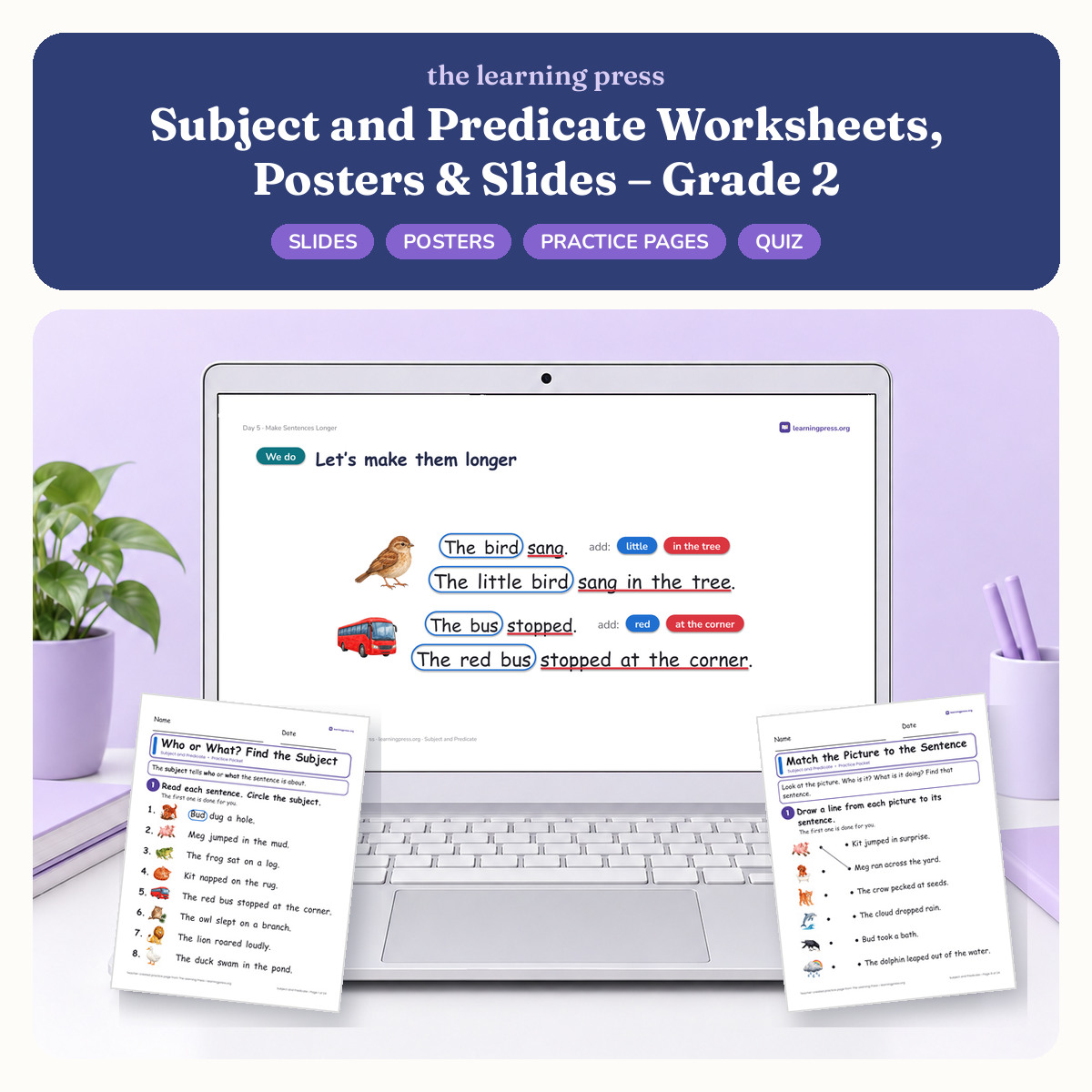 Preview of Subject and Predicate Worksheets, Posters & Slides – Grade 2