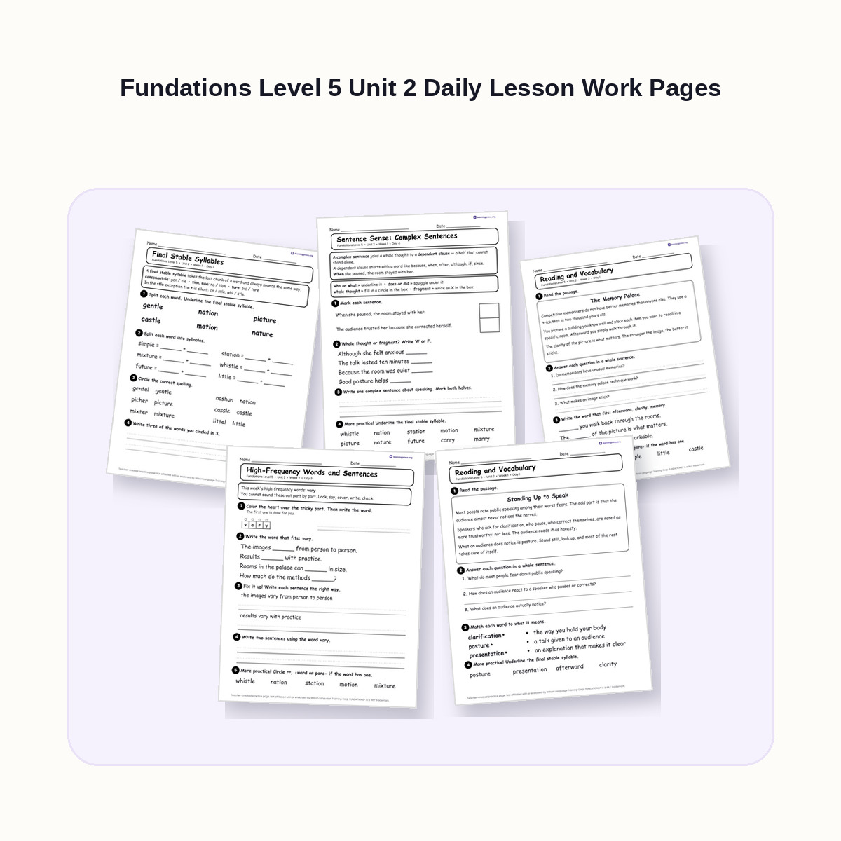 Preview of Fundations Level 5 Unit 2 Daily Lesson Work Pages