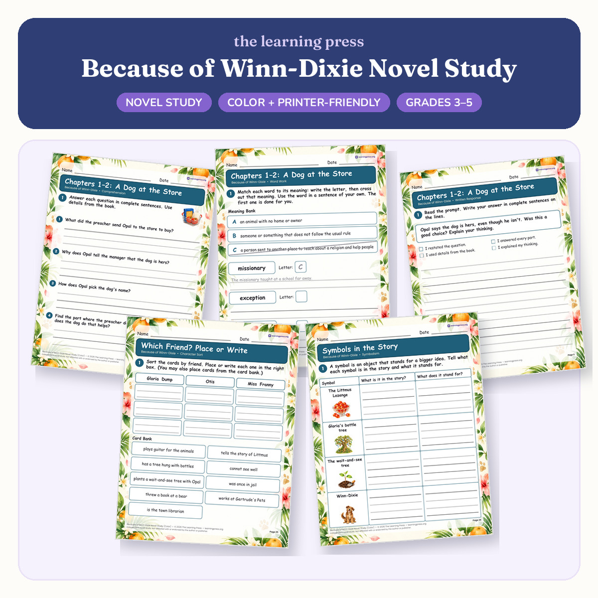Preview of Because of Winn-Dixie Novel Study · Chapter Questions, Vocabulary & More