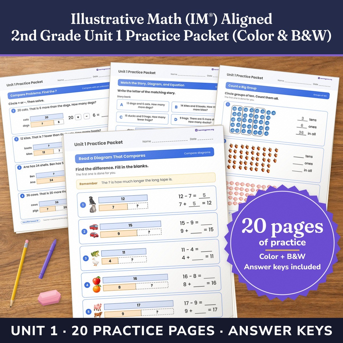 Preview of Illustrative Math (IM®) Aligned 2nd Grade Unit 1 Practice Packet (Color & B&W)