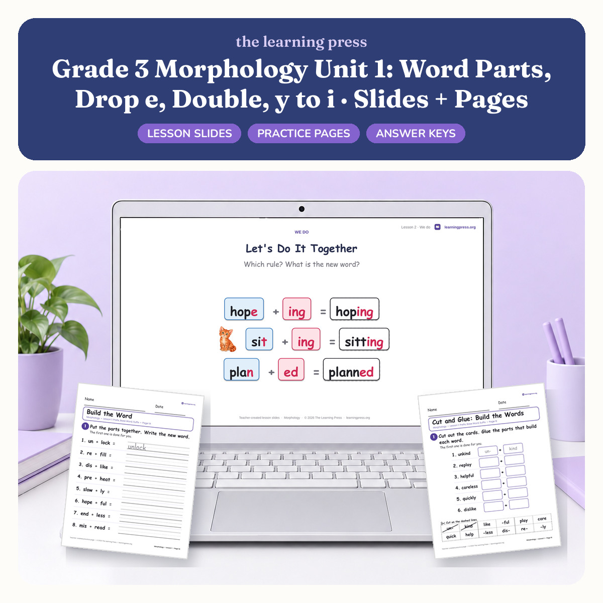 Preview of Grade 3 Morphology Unit 1: Word Parts, Drop e, Double, y to i · Slides + Pages