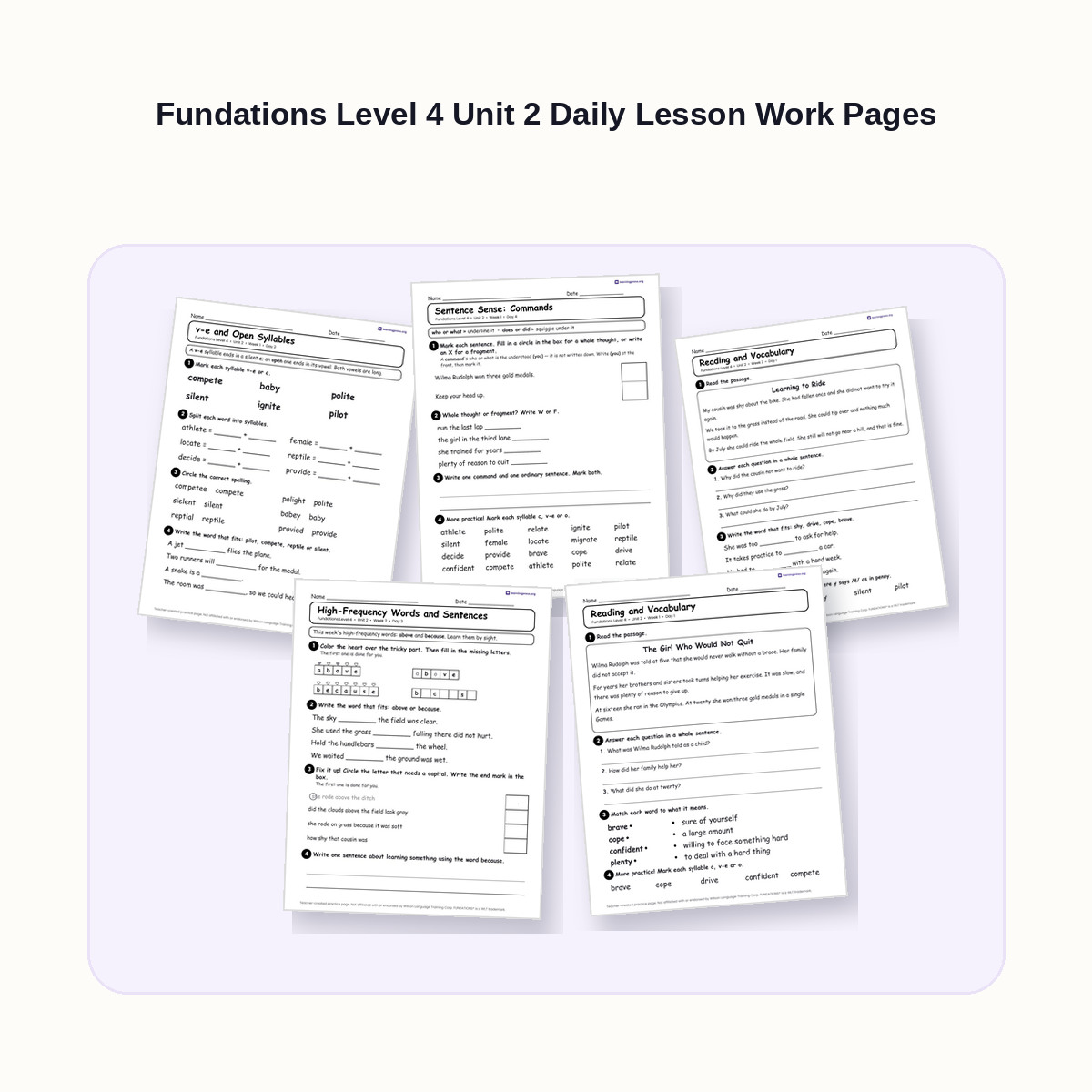 Preview of Fundations Level 4 Unit 2 Daily Lesson Work Pages