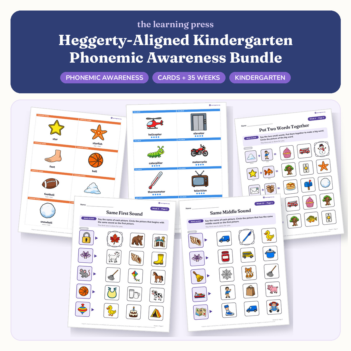Preview of Heggerty-Aligned Kindergarten Phonemic Awareness Bundle | Cards + Practice Pages