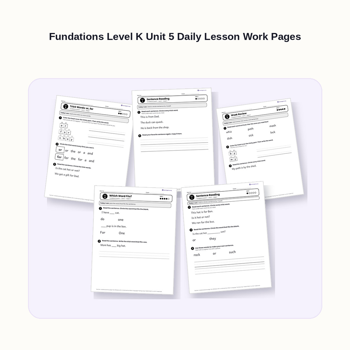 Preview of Fundations Level K Unit 5 Daily Lesson Work Pages