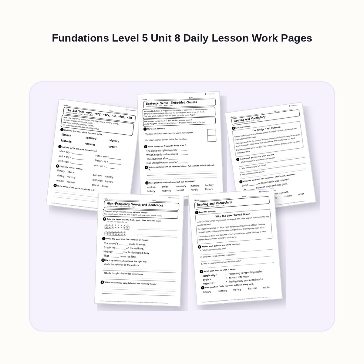 Preview of Fundations Level 5 Unit 8 Daily Lesson Work Pages