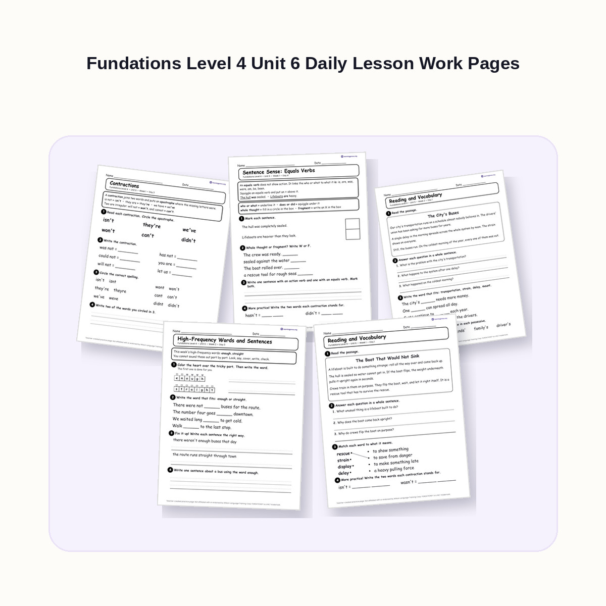 Preview of Fundations Level 4 Unit 6 Daily Lesson Work Pages