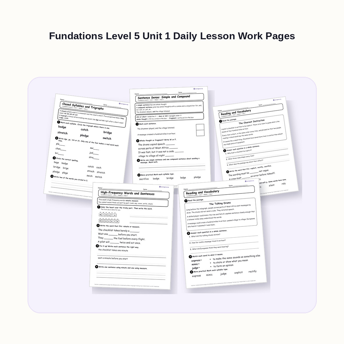 Preview of Fundations Level 5 Unit 1 Daily Lesson Work Pages
