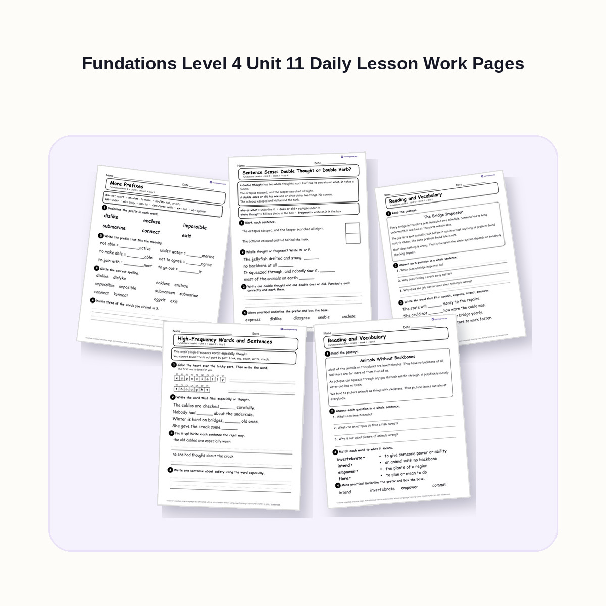 Preview of Fundations Level 4 Unit 11 Daily Lesson Work Pages
