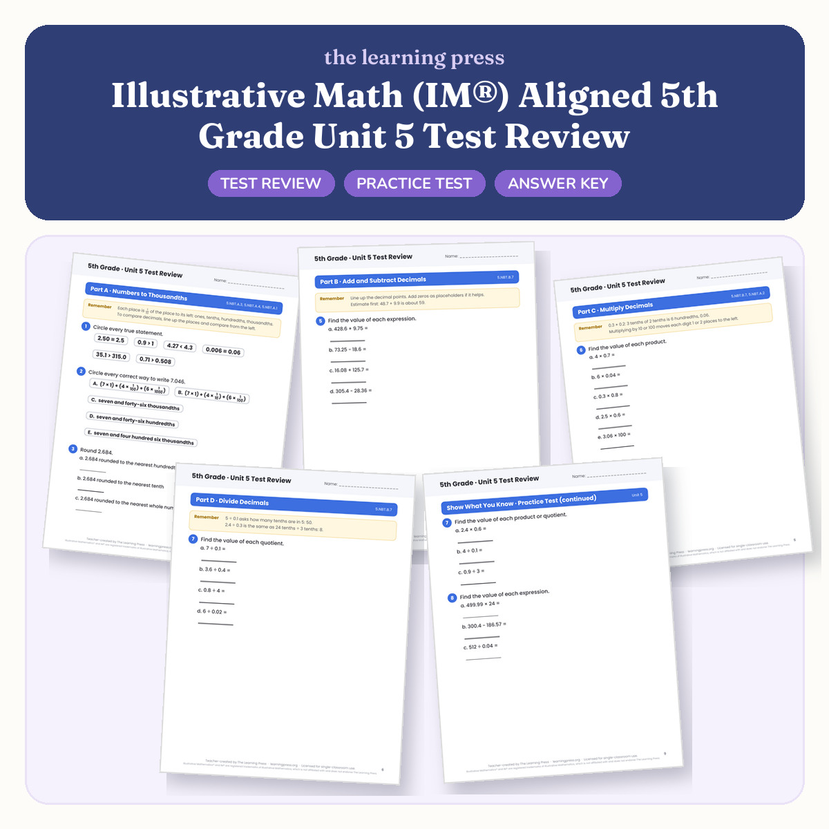 Preview of Illustrative Math (IM®) Aligned 5th Grade Unit 5 Test Review
