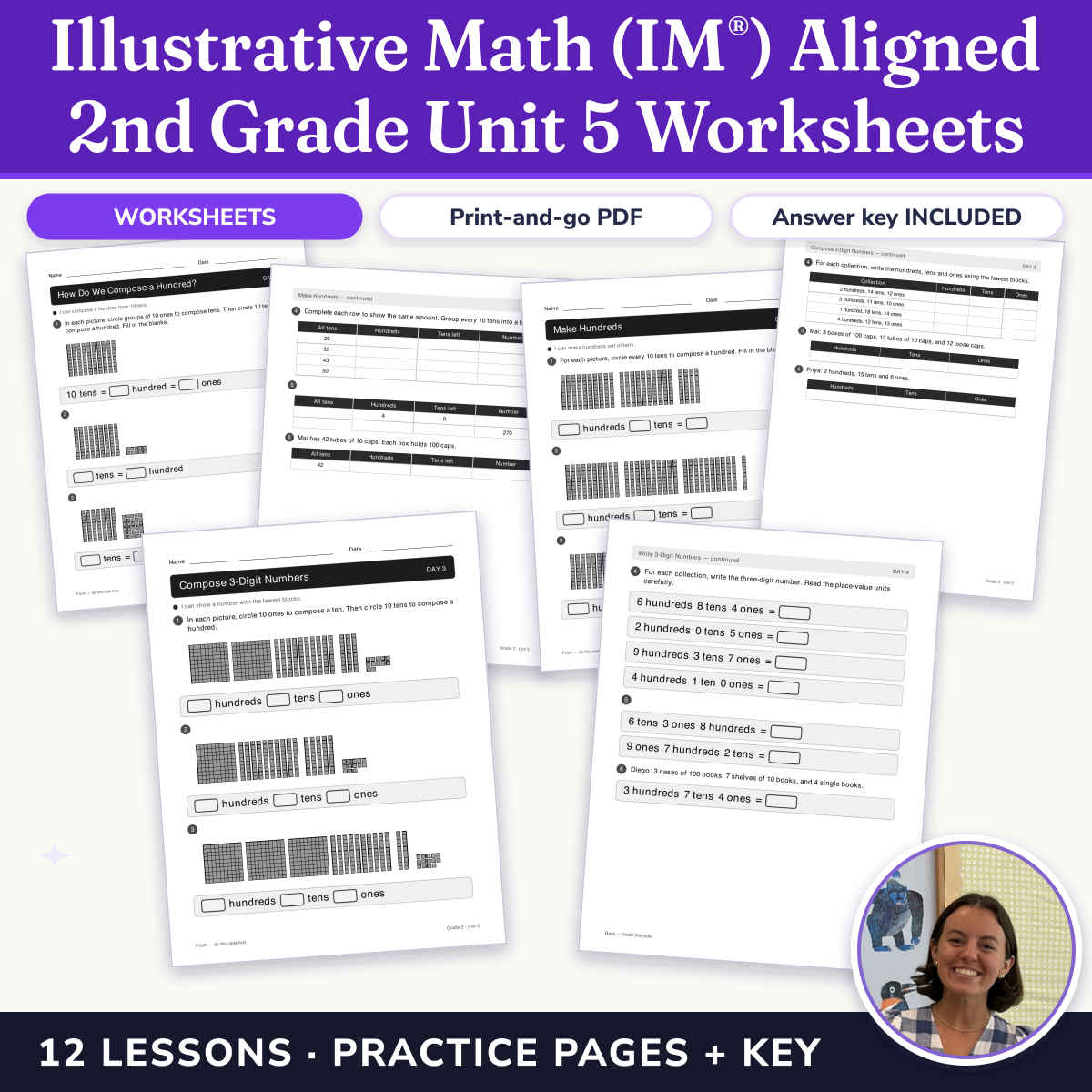 Preview of Illustrative Math (IM®) Aligned 2nd Grade Unit 5 Worksheets: Numbers to 1,000
