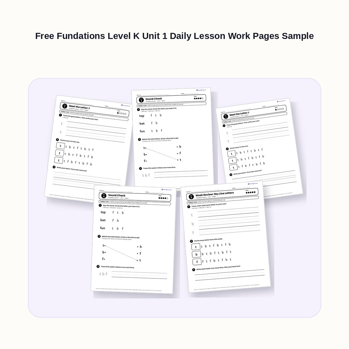 Preview of Free Fundations Level K Unit 1 Daily Lesson Work Pages Sample