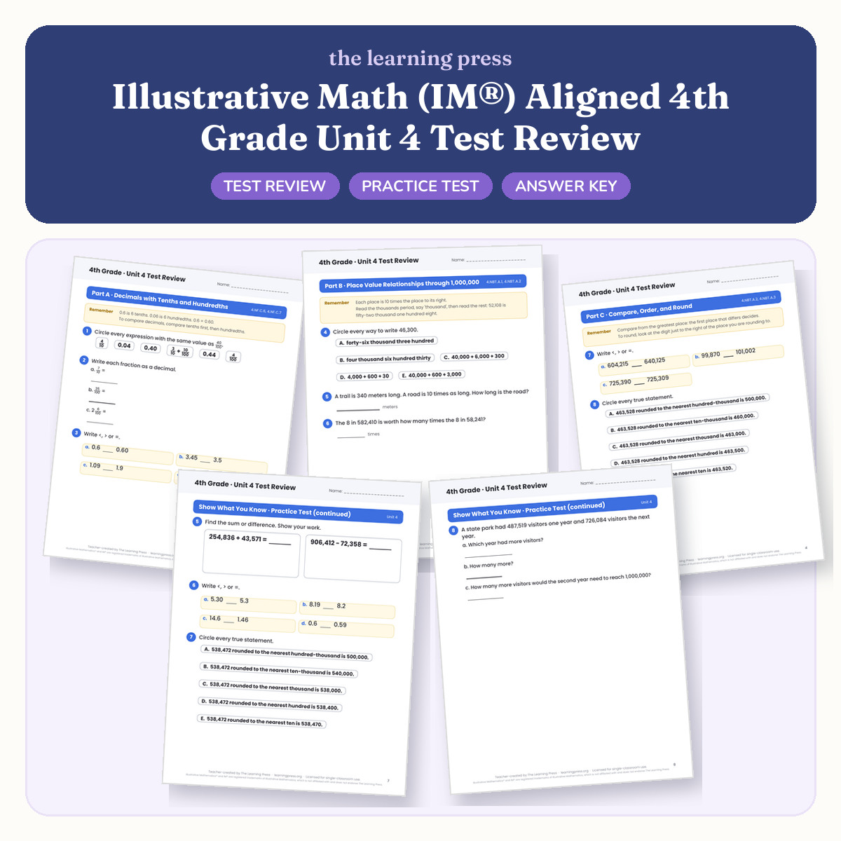 Preview of Illustrative Math (IM®) Aligned 4th Grade Unit 4 Test Review
