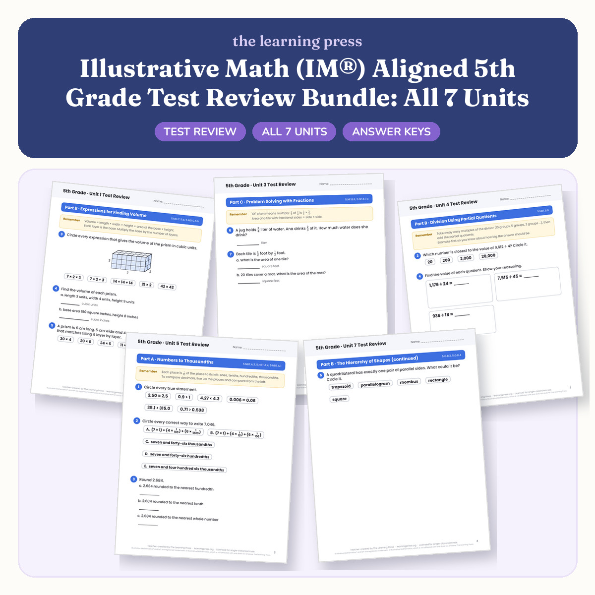 Preview of Illustrative Math (IM®) Aligned 5th Grade Test Review Bundle: All 7 Units