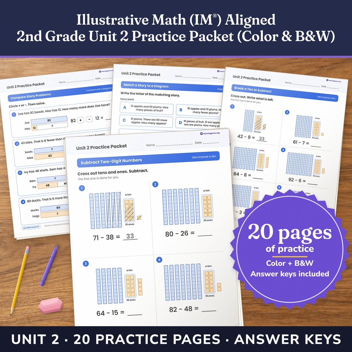 Preview of Illustrative Math (IM®) Aligned 2nd Grade Unit 2 Practice Packet (Color & B&W)
