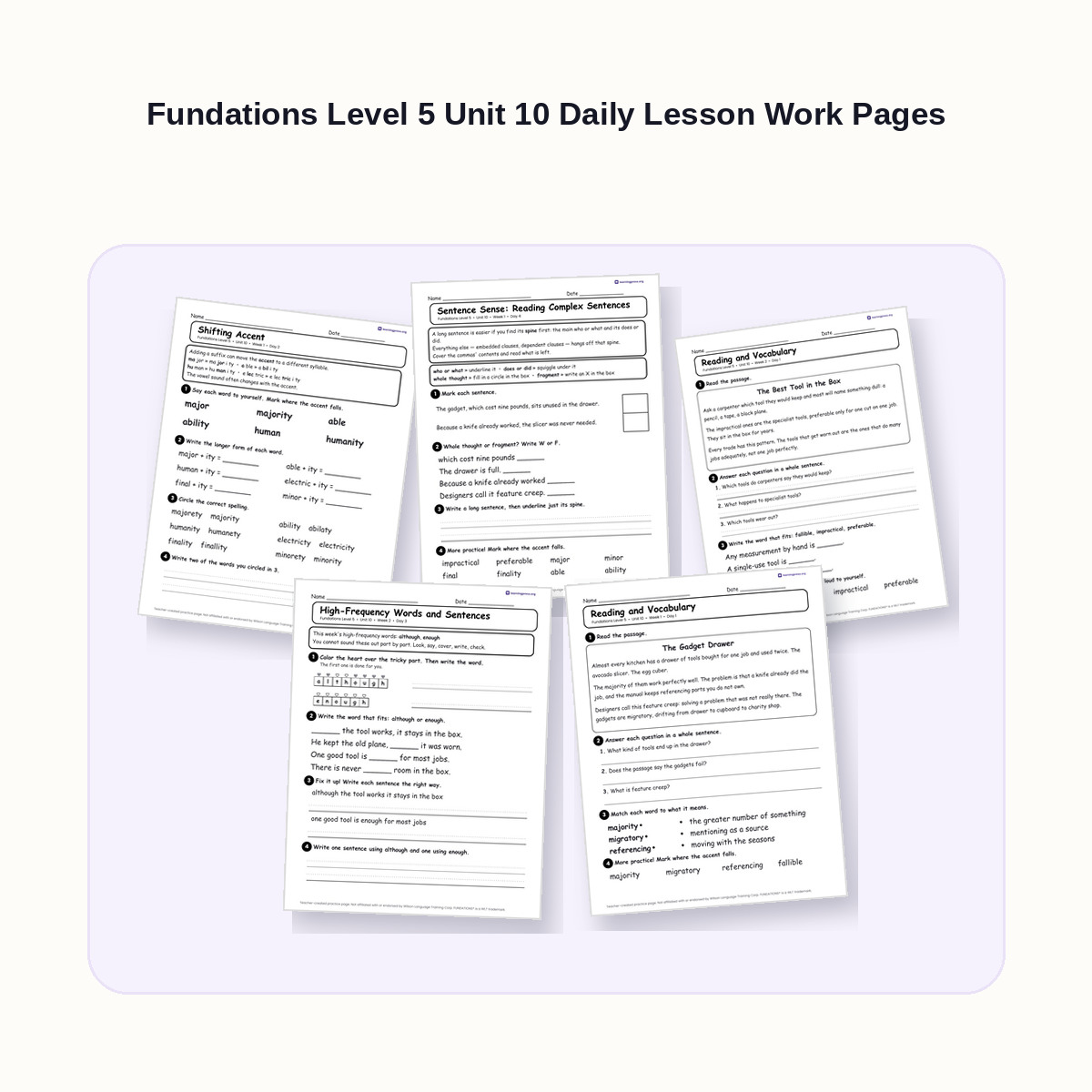 Preview of Fundations Level 5 Unit 10 Daily Lesson Work Pages