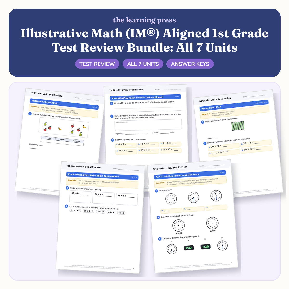 Preview of Illustrative Math (IM®) Aligned 1st Grade Test Review Bundle: All 7 Units