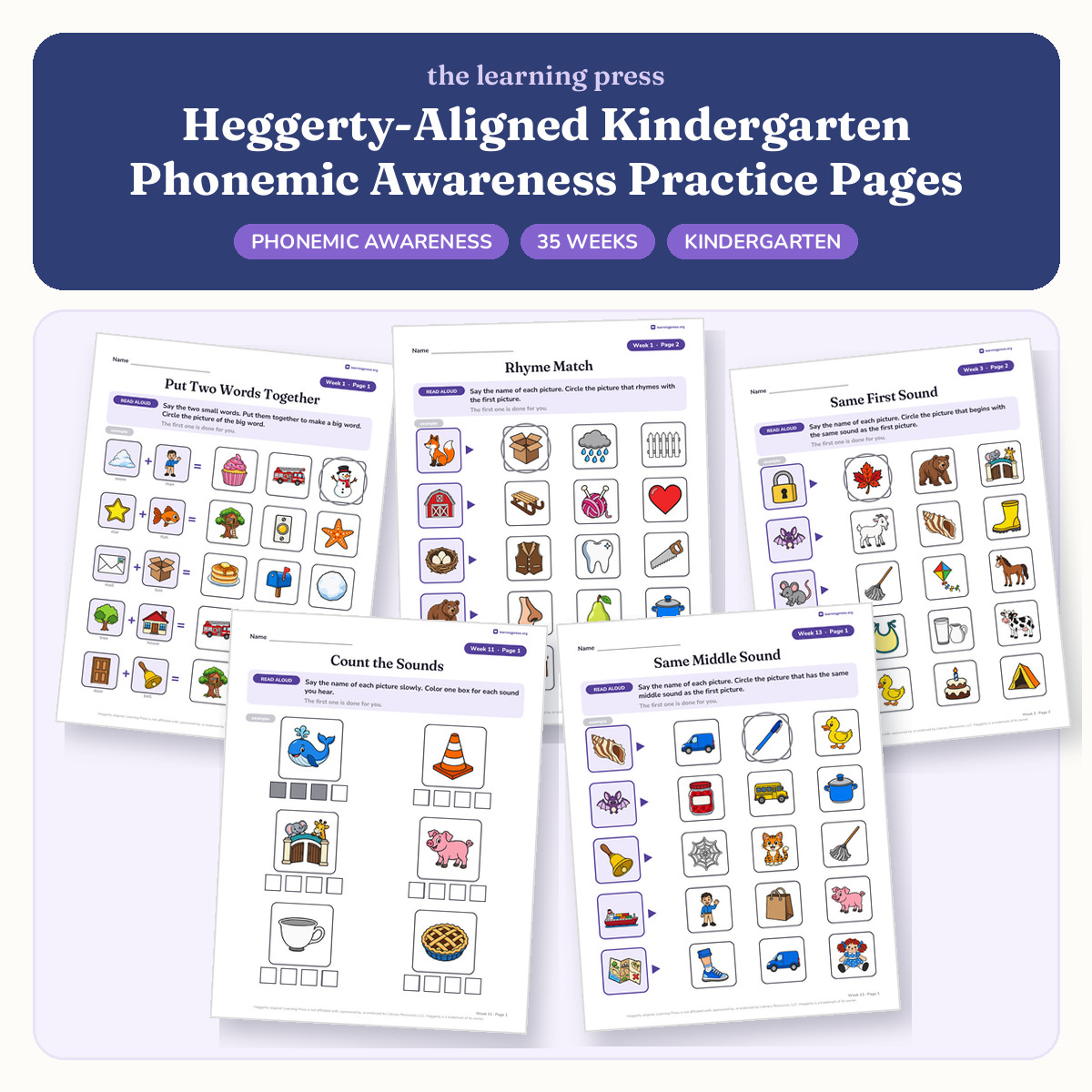Preview of Heggerty-Aligned Kindergarten Phonemic Awareness Practice Pages | 35 Weeks
