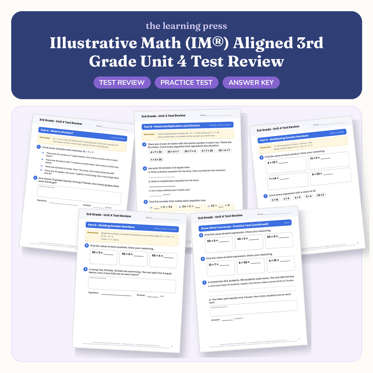 Preview of Illustrative Math (IM®) Aligned 3rd Grade Unit 4 Test Review