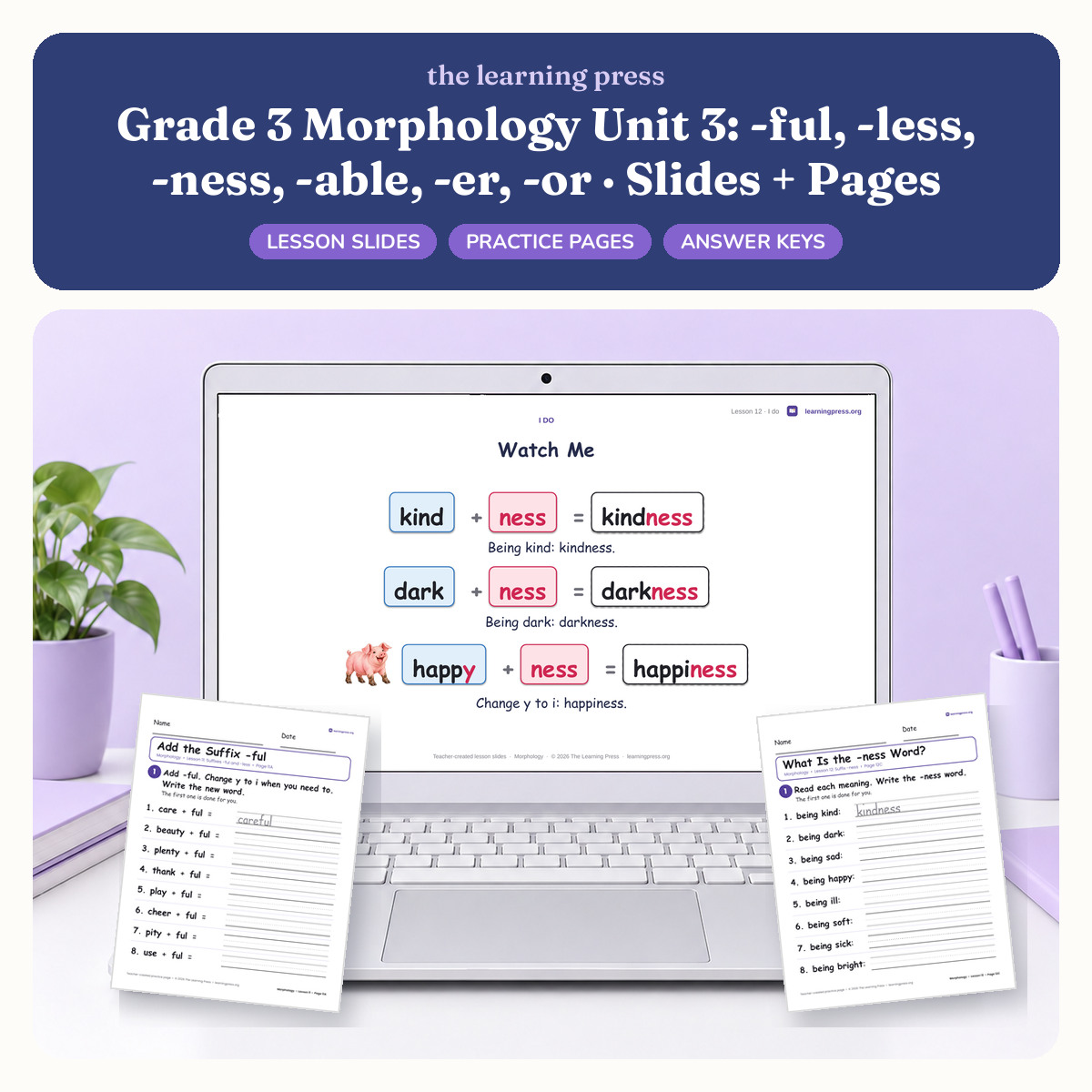 Preview of Grade 3 Morphology Unit 3: -ful, -less, -ness, -able, -er, -or · Slides + Pages