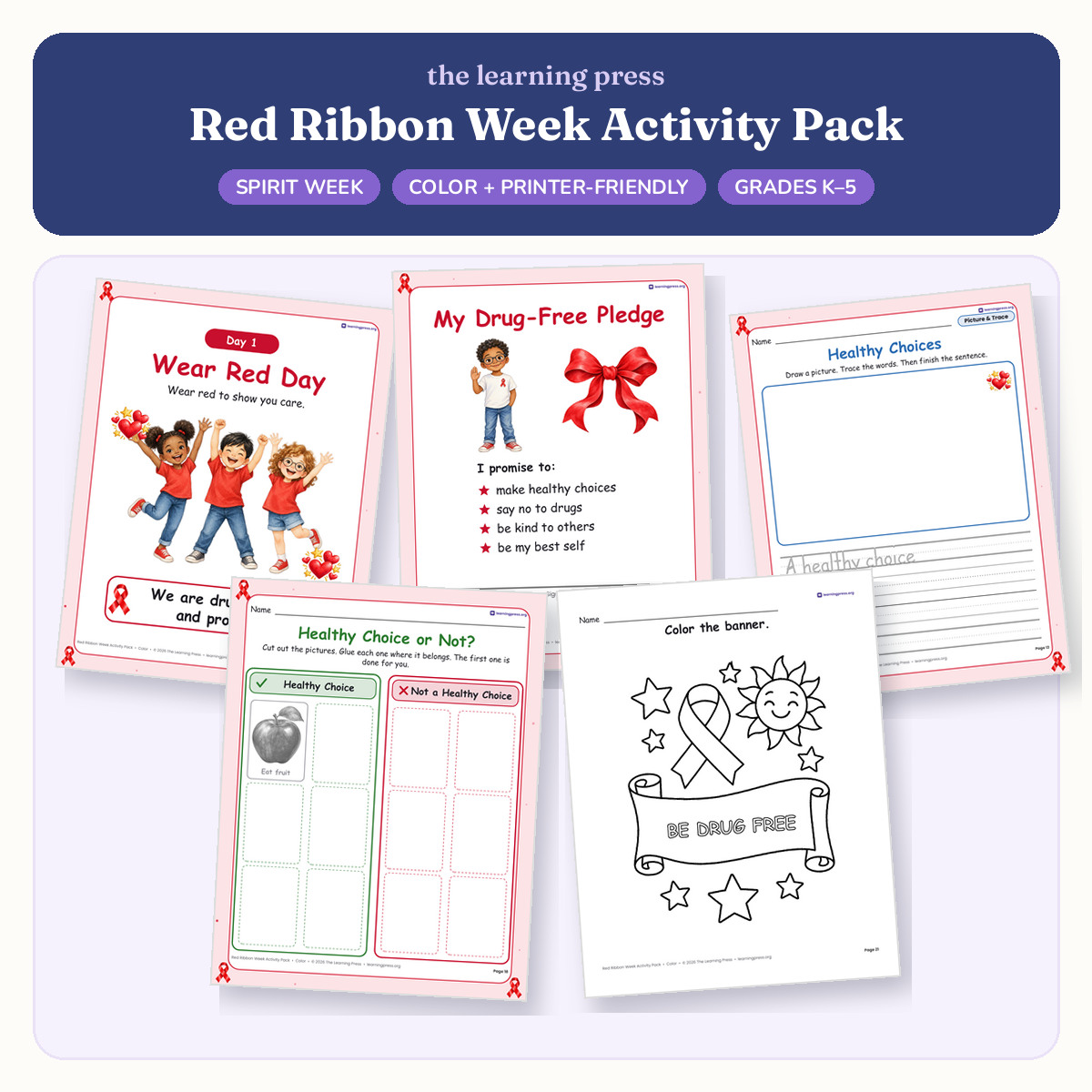Preview of Red Ribbon Week Activity Pack · Spirit Week Posters, Pledge, Writing & Puzzles