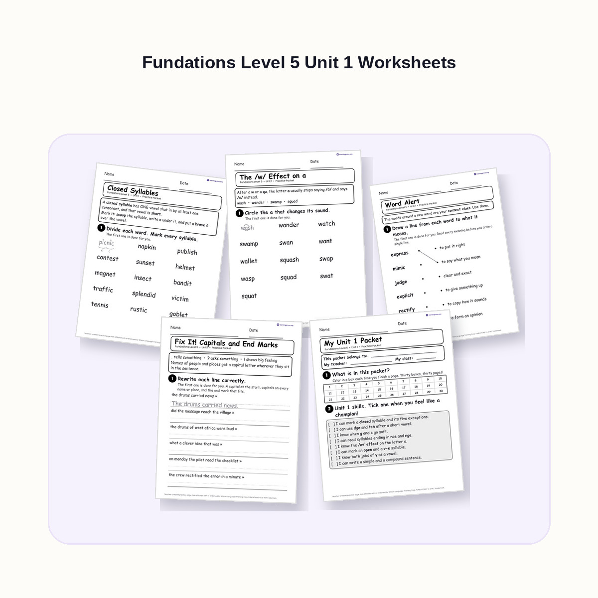 Preview of Fundations Level 5 Unit 1 Worksheets