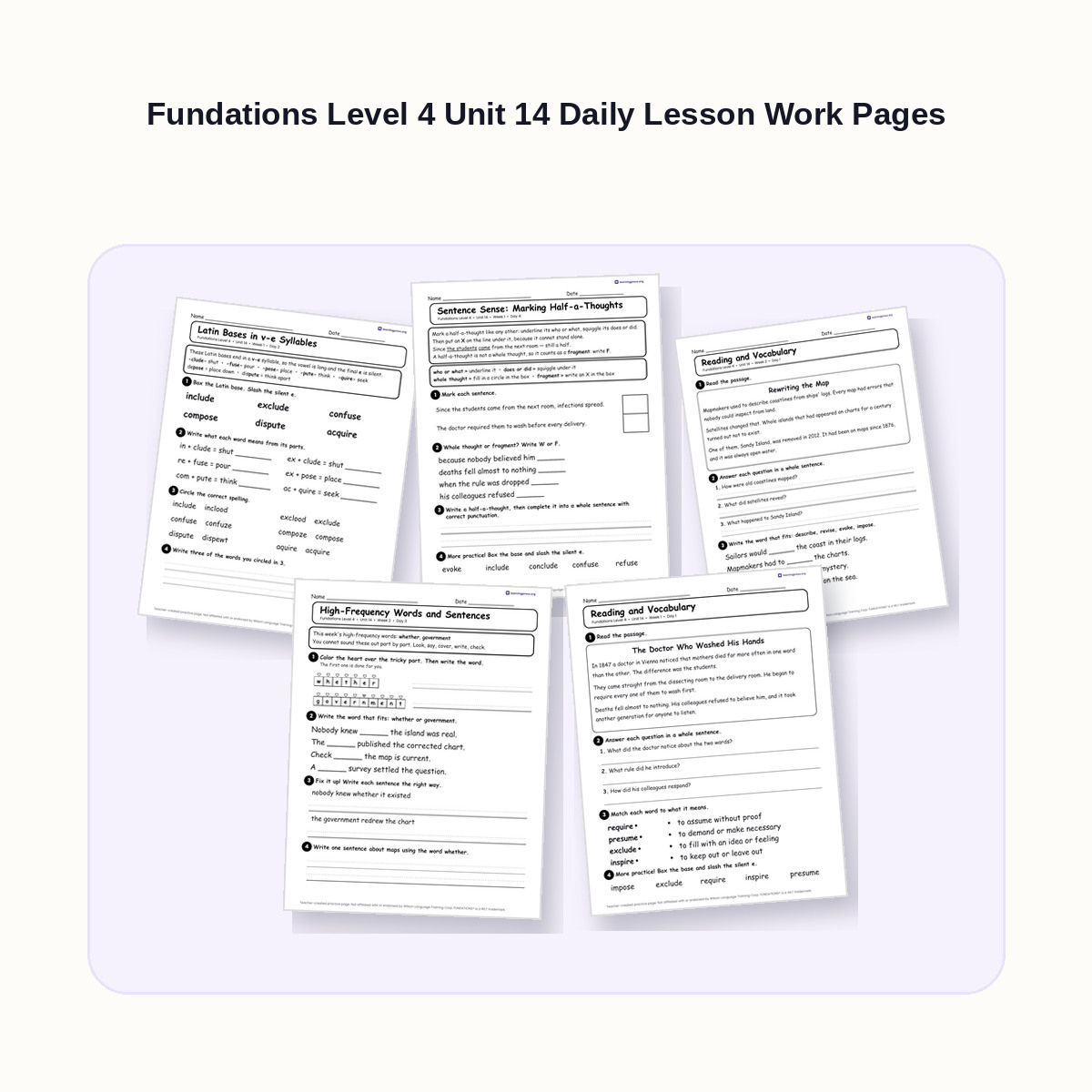 Preview of Fundations Level 4 Unit 14 Daily Lesson Work Pages