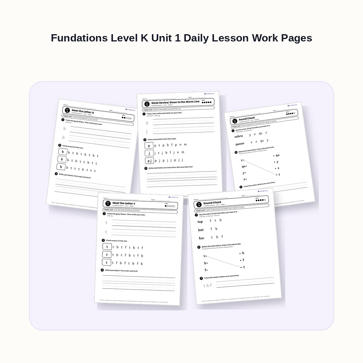 Preview of Fundations Level K Unit 1 Daily Lesson Work Pages