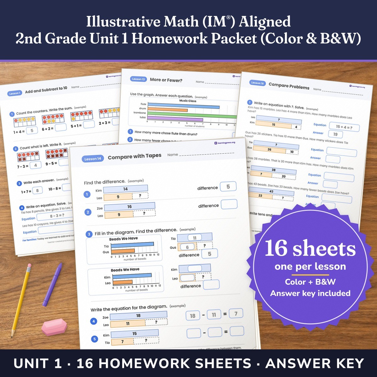 Preview of Illustrative Math (IM®) Aligned 2nd Grade Unit 1 Homework Packet (Color & B&W)