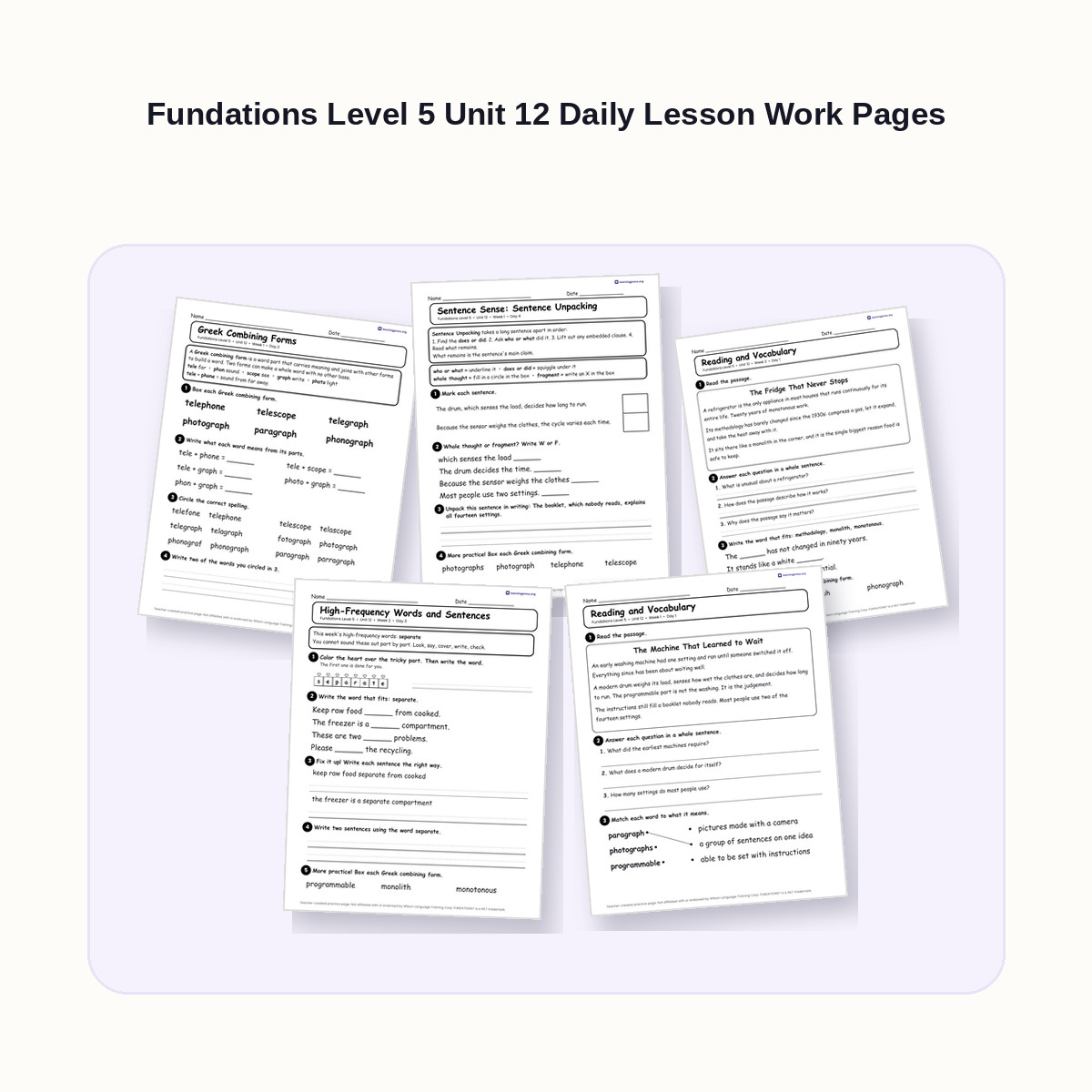 Preview of Fundations Level 5 Unit 12 Daily Lesson Work Pages