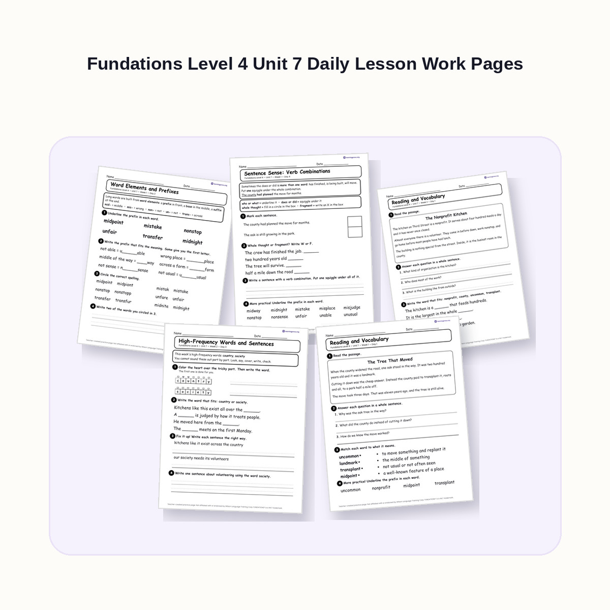 Preview of Fundations Level 4 Unit 7 Daily Lesson Work Pages