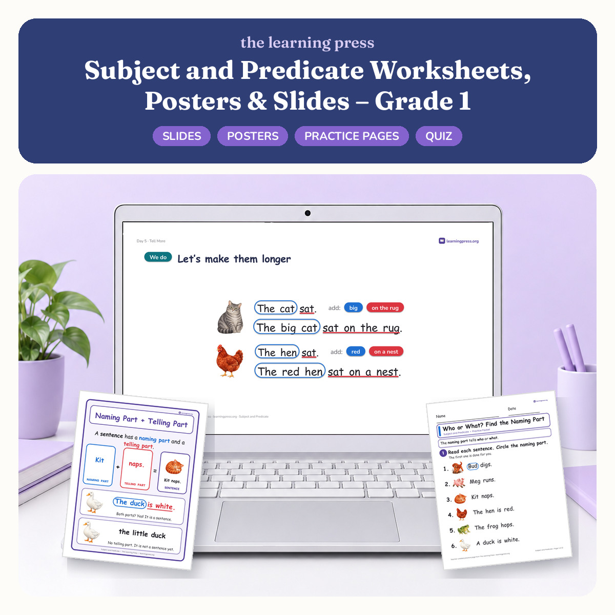 Preview of Subject and Predicate Worksheets, Posters & Slides – Grade 1