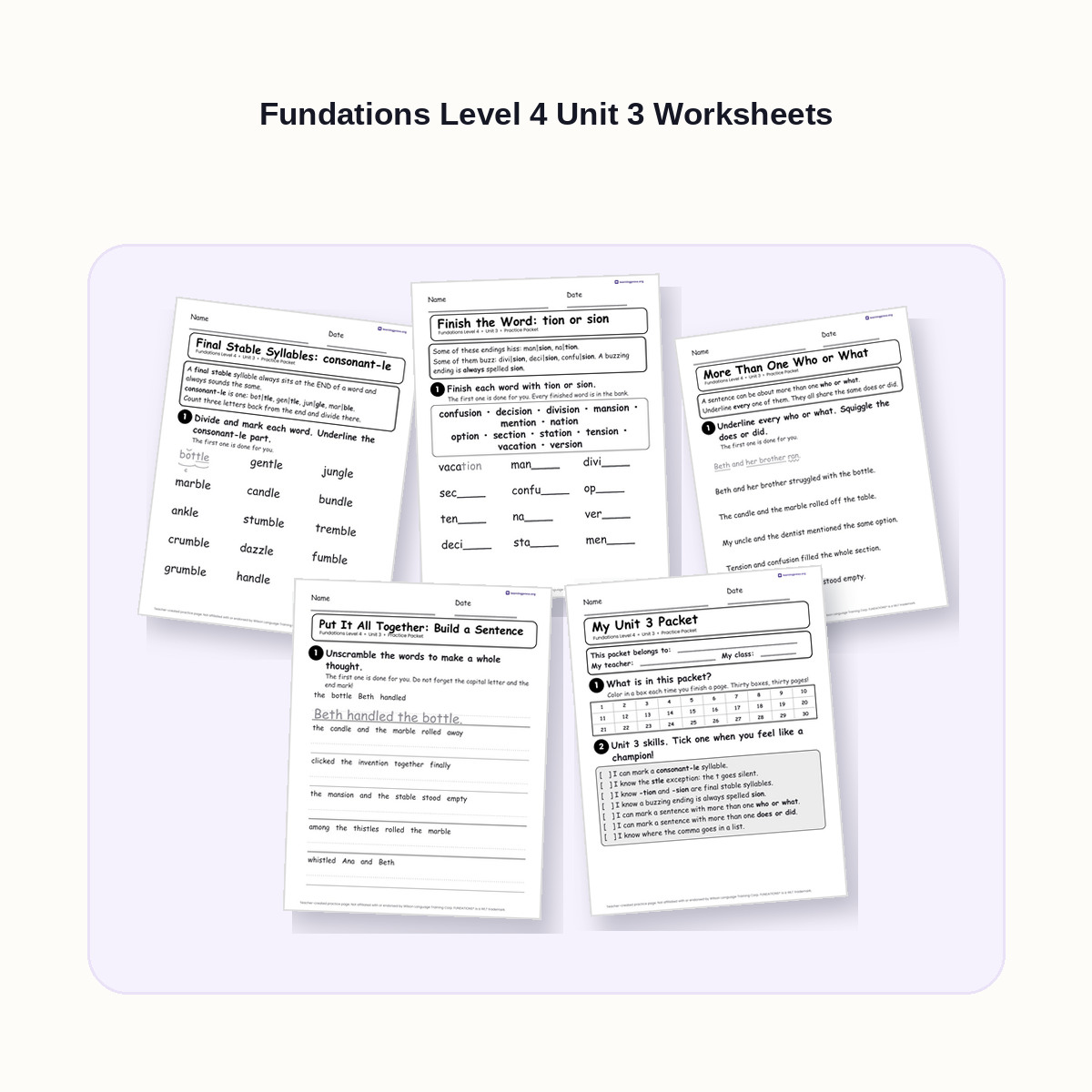 Preview of Fundations Level 4 Unit 3 Worksheets