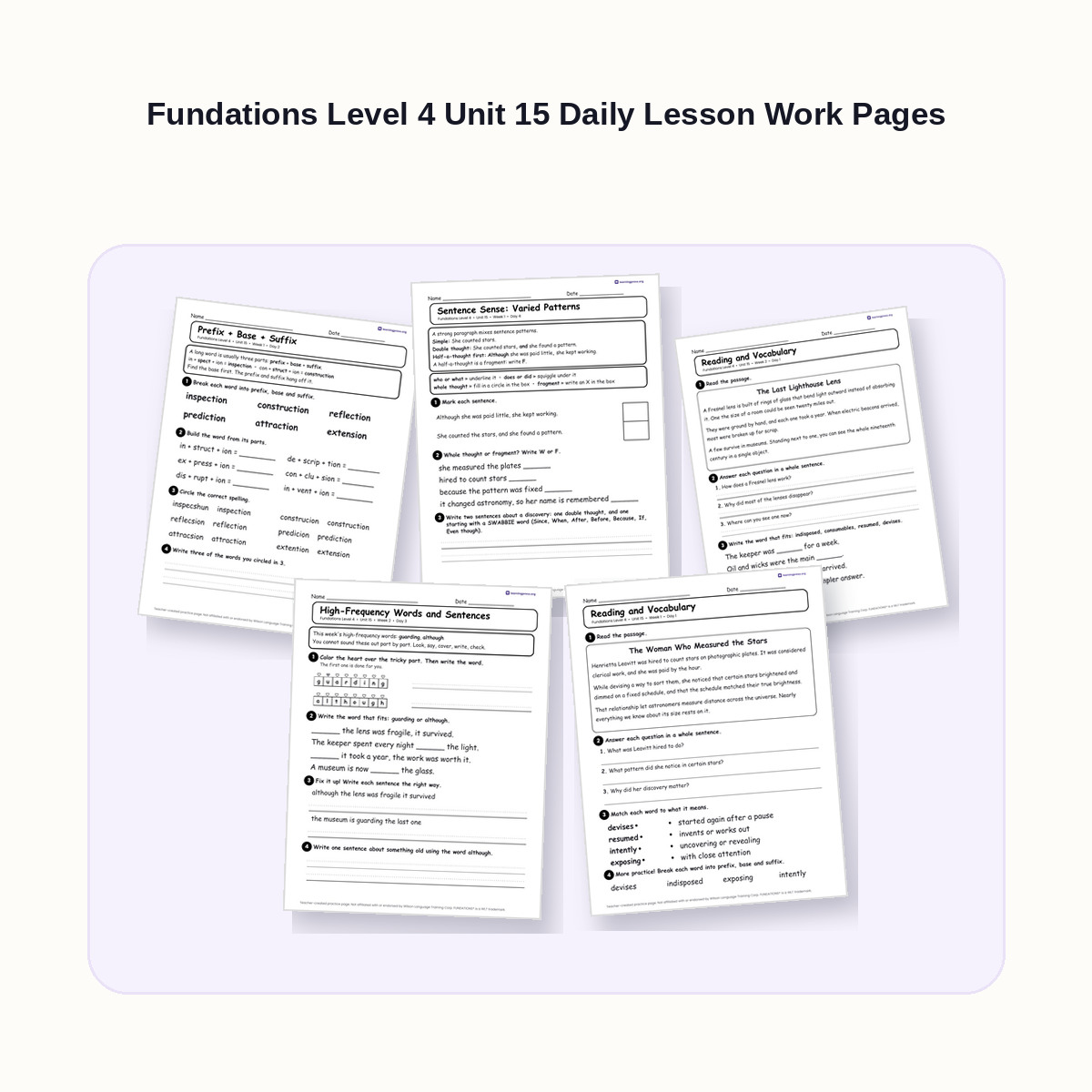 Preview of Fundations Level 4 Unit 15 Daily Lesson Work Pages