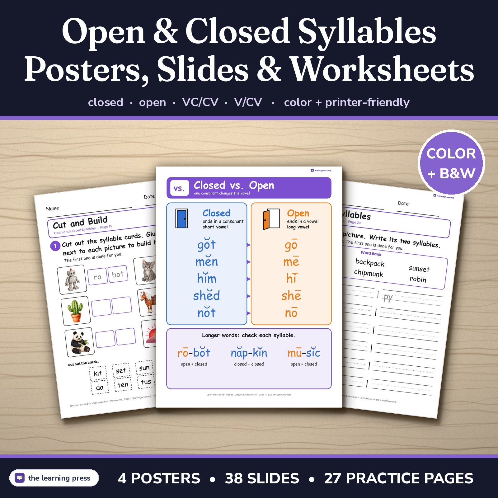 Preview of Open and Closed Syllables Worksheets, Posters & Slides | VCCV, VCV | Grades 1-3