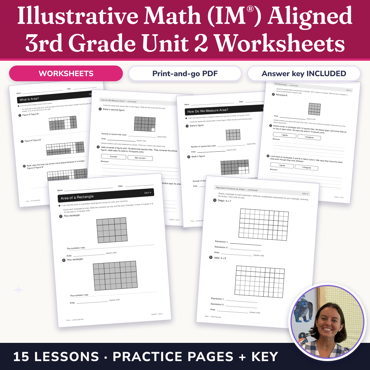 Preview of Illustrative Math (IM®) Aligned 3rd Grade Unit 2 Worksheets: Area and Multiplication