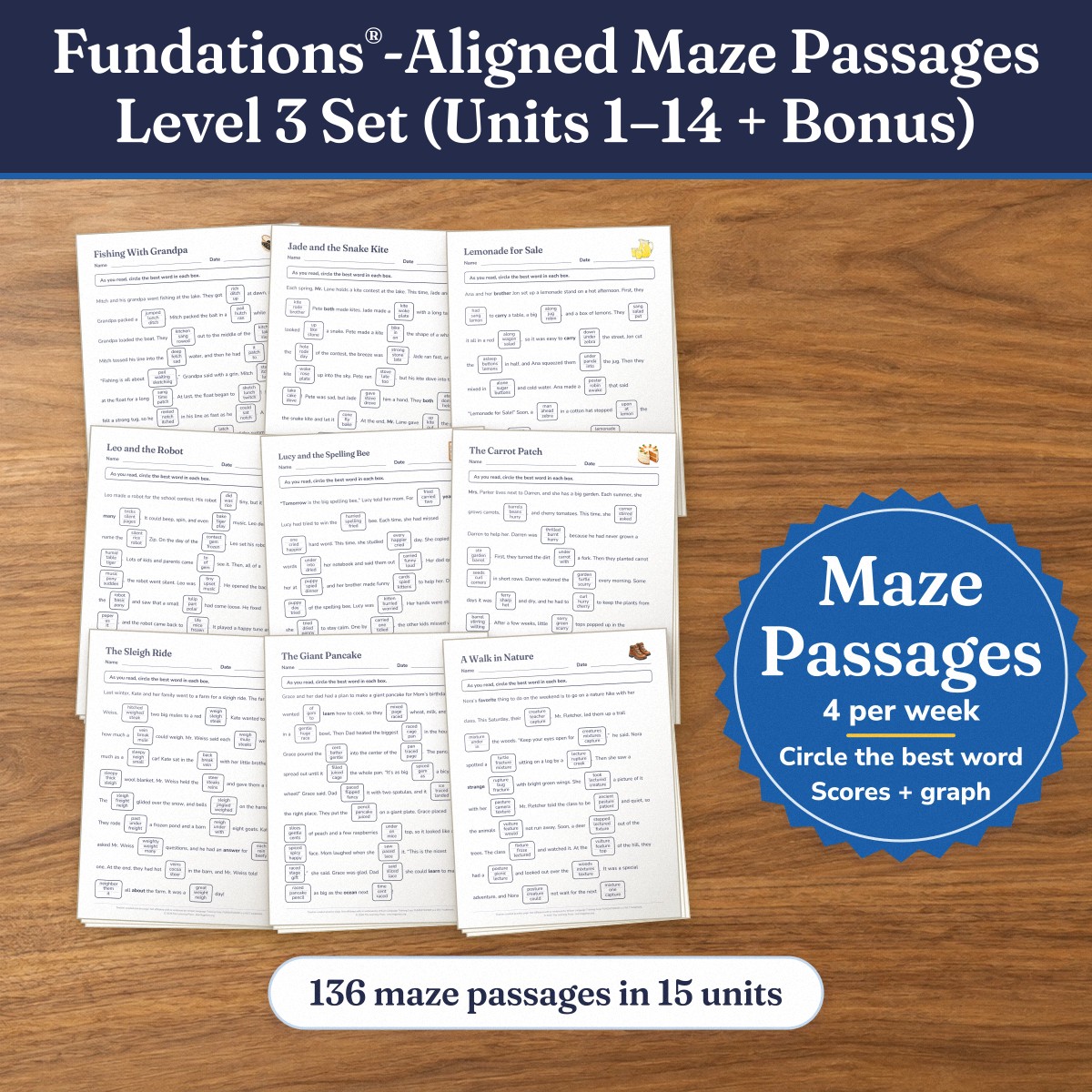 Preview of Fundations®-Aligned Maze Passages · Level 3 Set (Units 1–14 + Bonus)