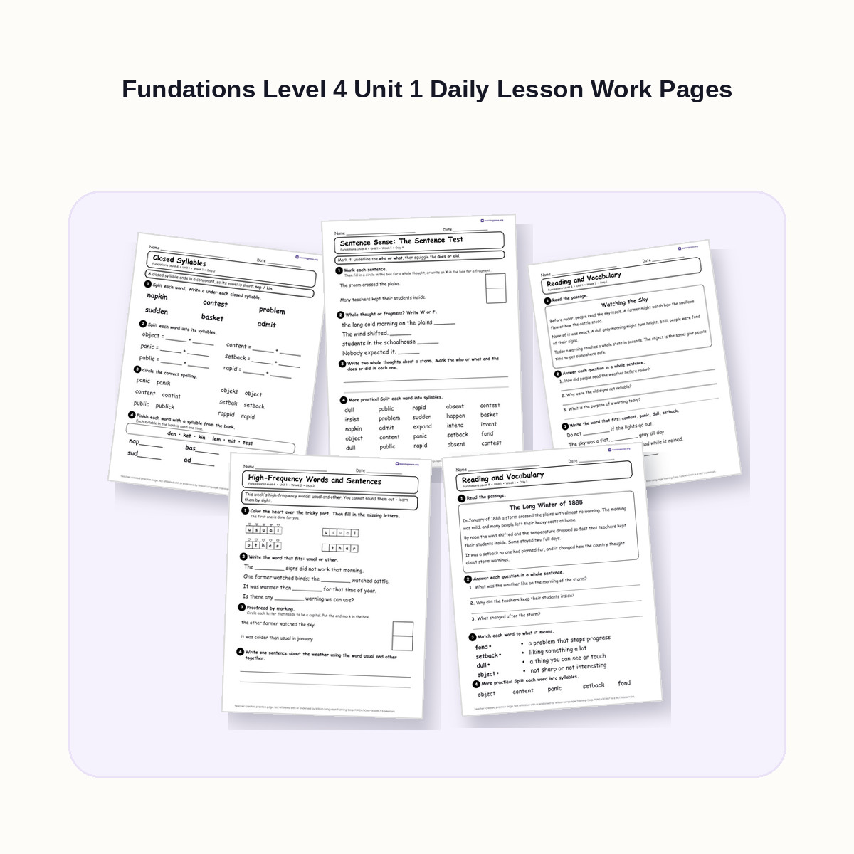 Preview of Fundations Level 4 Unit 1 Daily Lesson Work Pages