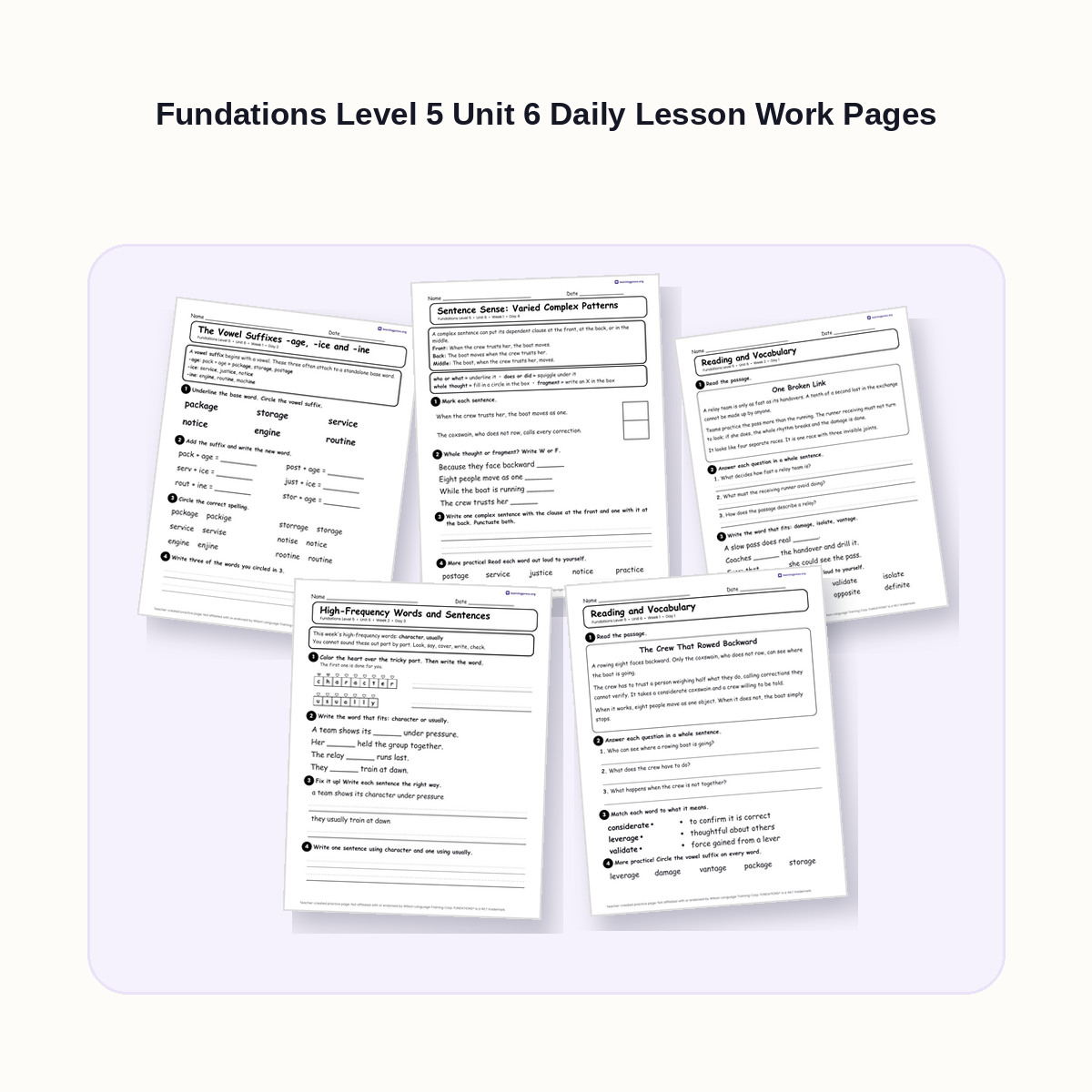 Preview of Fundations Level 5 Unit 6 Daily Lesson Work Pages