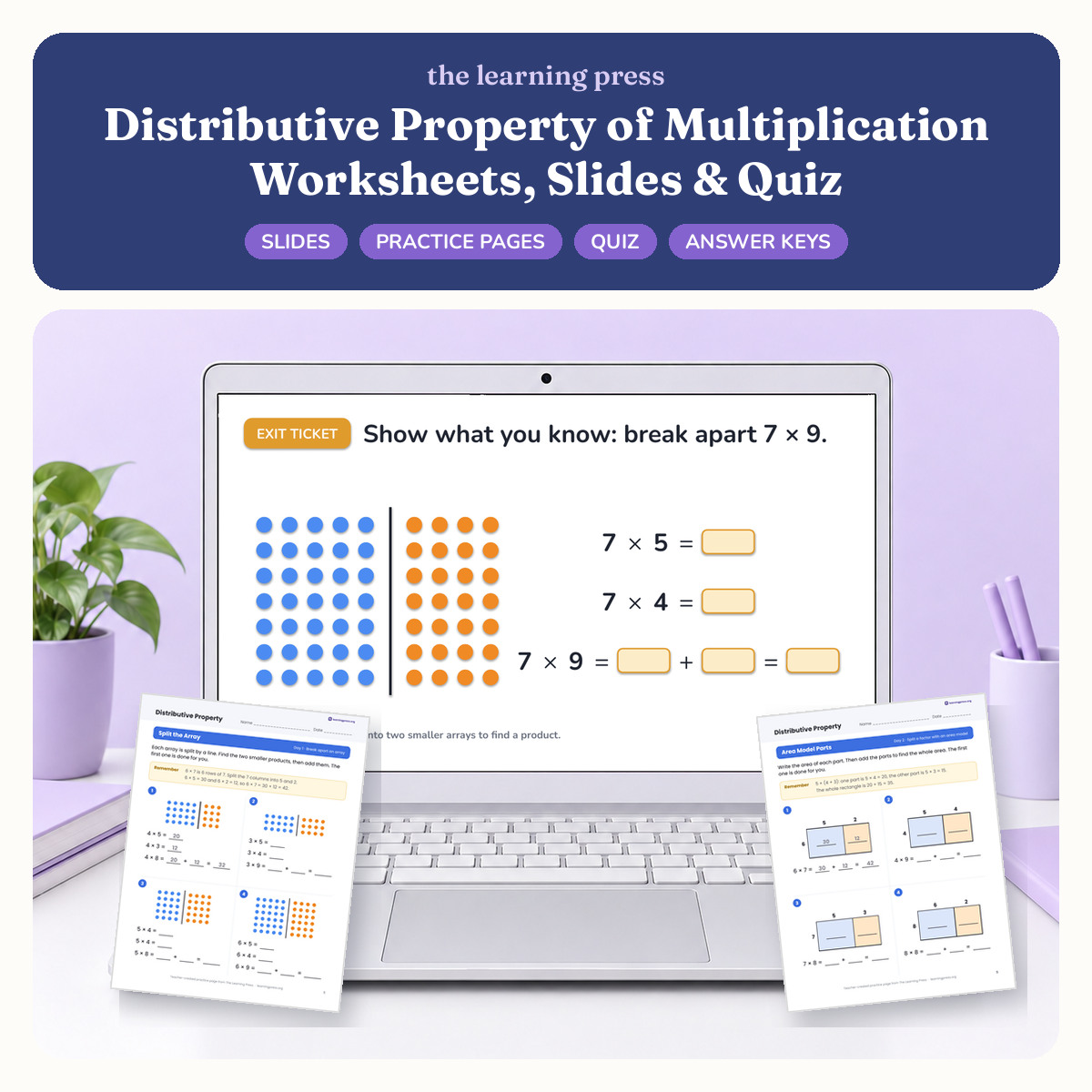 Preview of Distributive Property of Multiplication Worksheets, Slides & Quiz