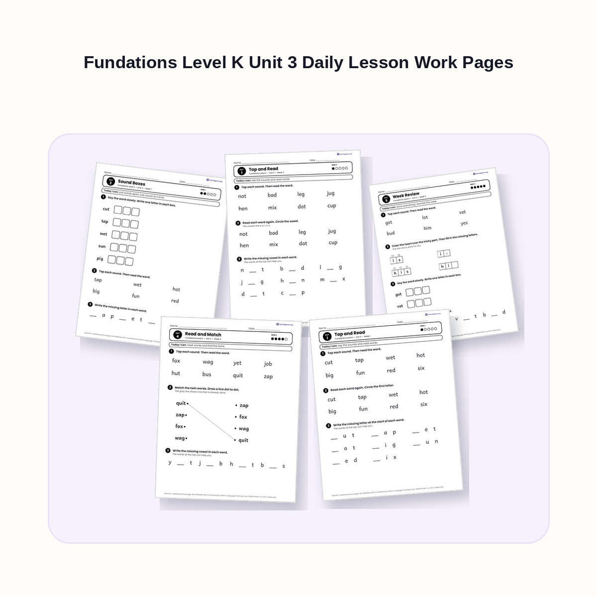 Preview of Fundations Level K Unit 3 Daily Lesson Work Pages