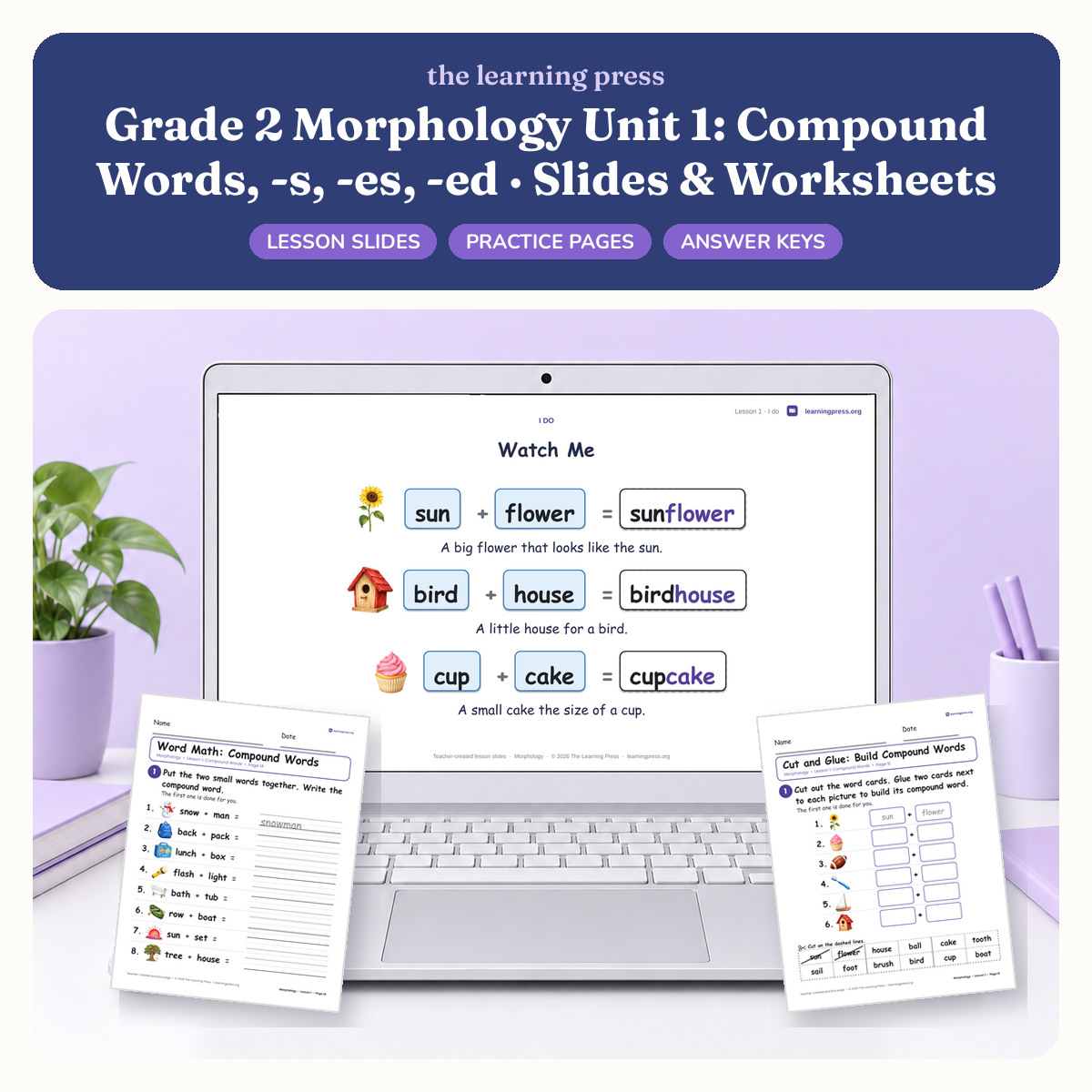 Preview of Grade 2 Morphology Unit 1: Compound Words, -s, -es, -ed · Slides & Worksheets