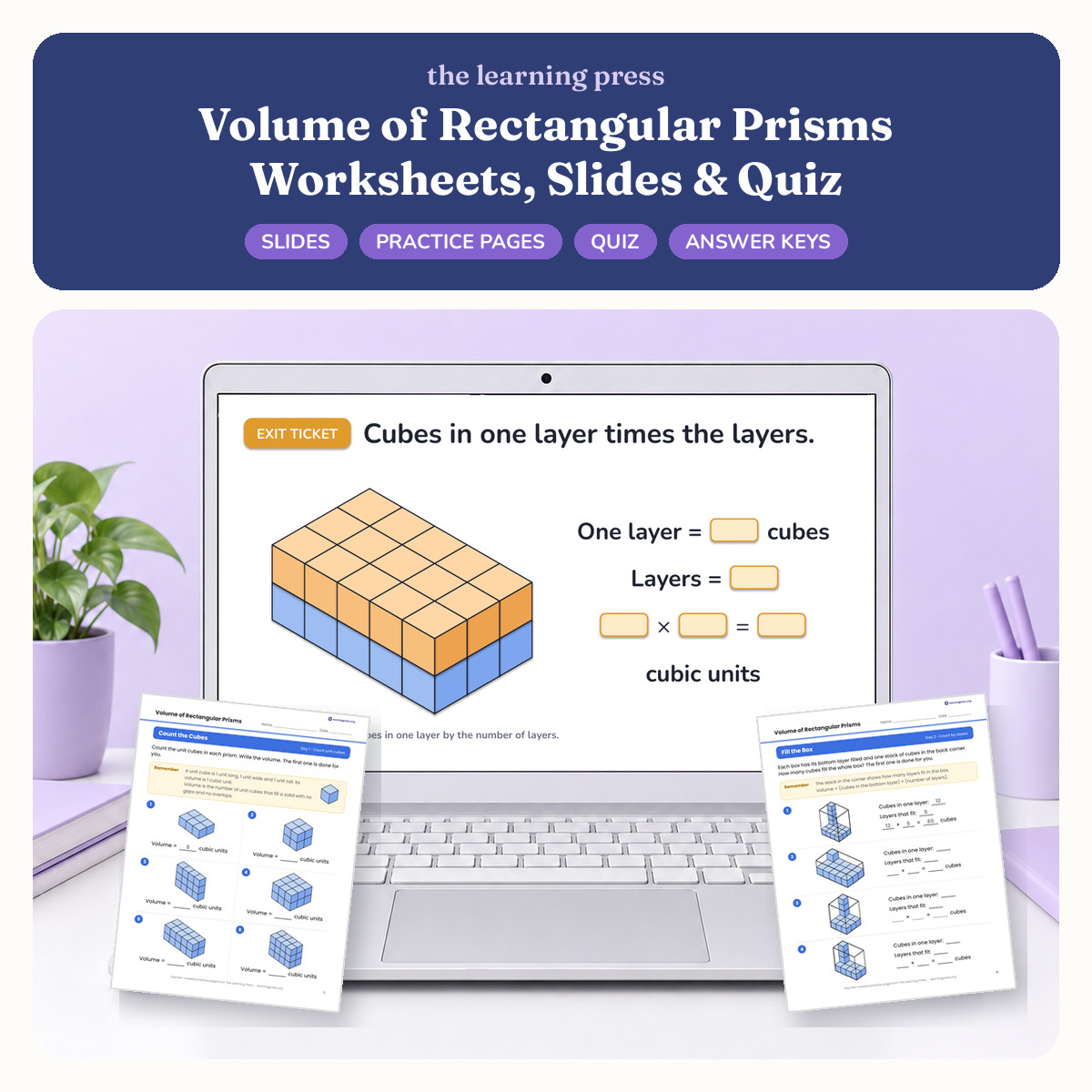 Preview of Volume of Rectangular Prisms Worksheets, Slides & Quiz
