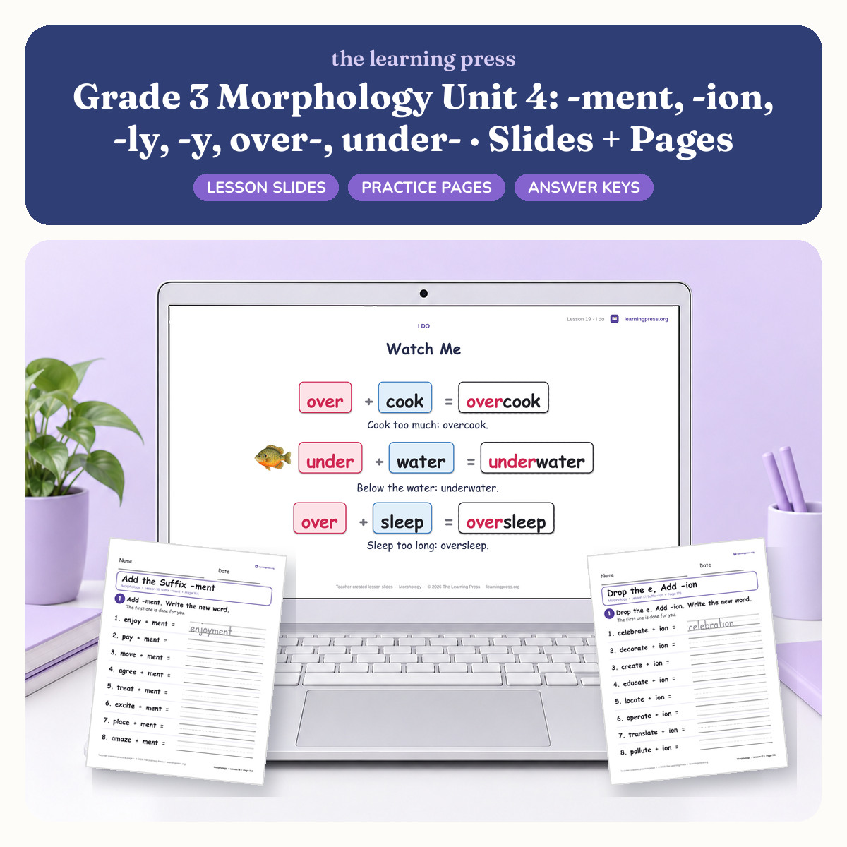 Preview of Grade 3 Morphology Unit 4: -ment, -ion, -ly, -y, over-, under- · Slides + Pages