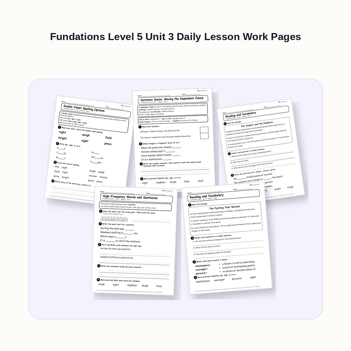 Preview of Fundations Level 5 Unit 3 Daily Lesson Work Pages