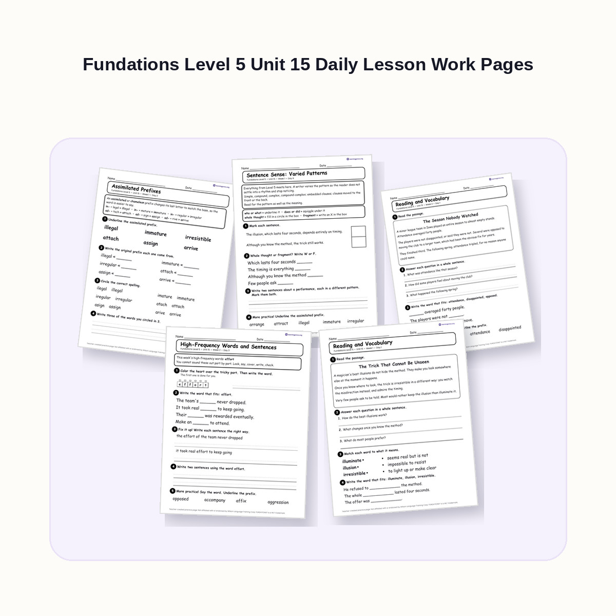 Preview of Fundations Level 5 Unit 15 Daily Lesson Work Pages