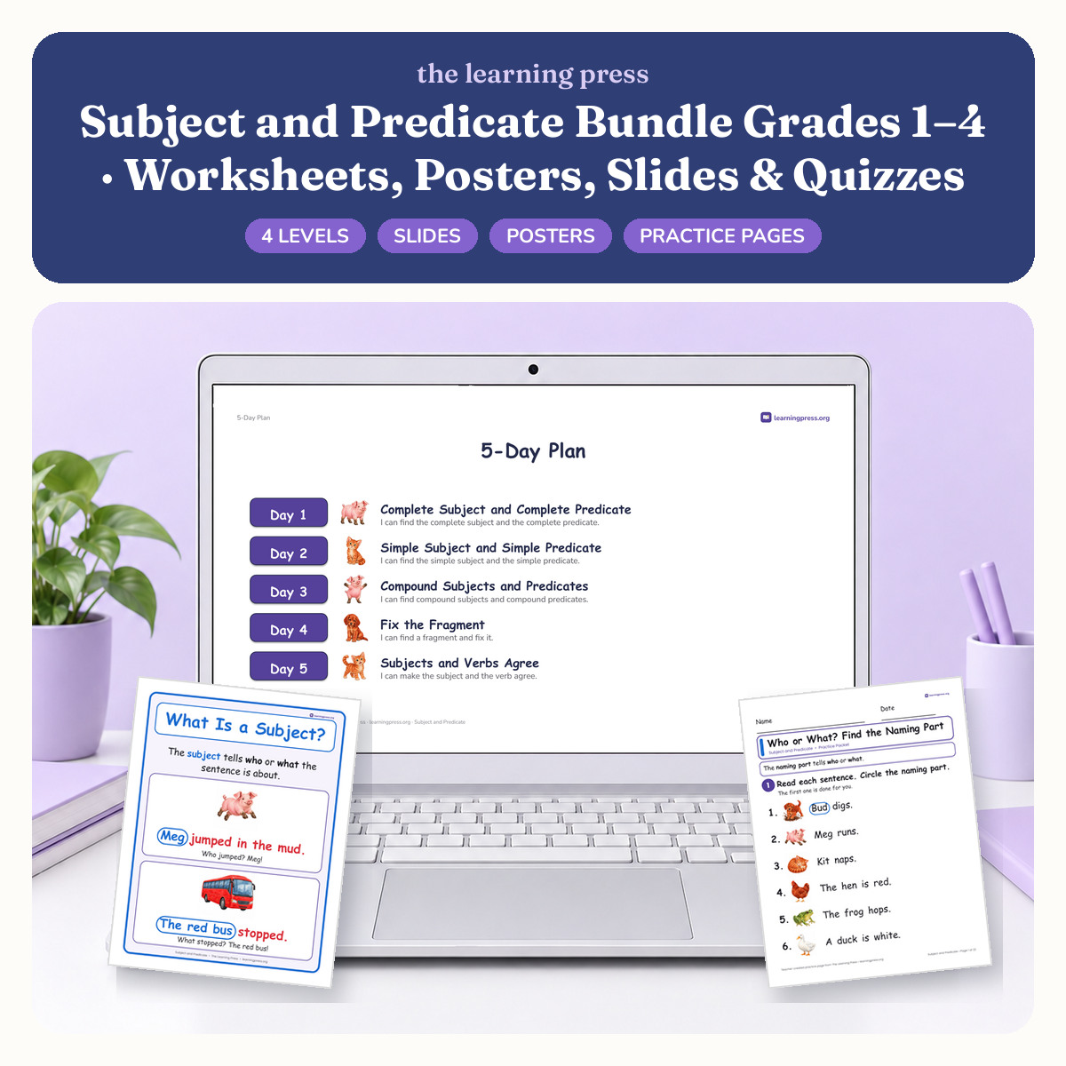 Preview of Subject and Predicate Bundle Grades 1–4 · Worksheets, Posters, Slides & Quizzes