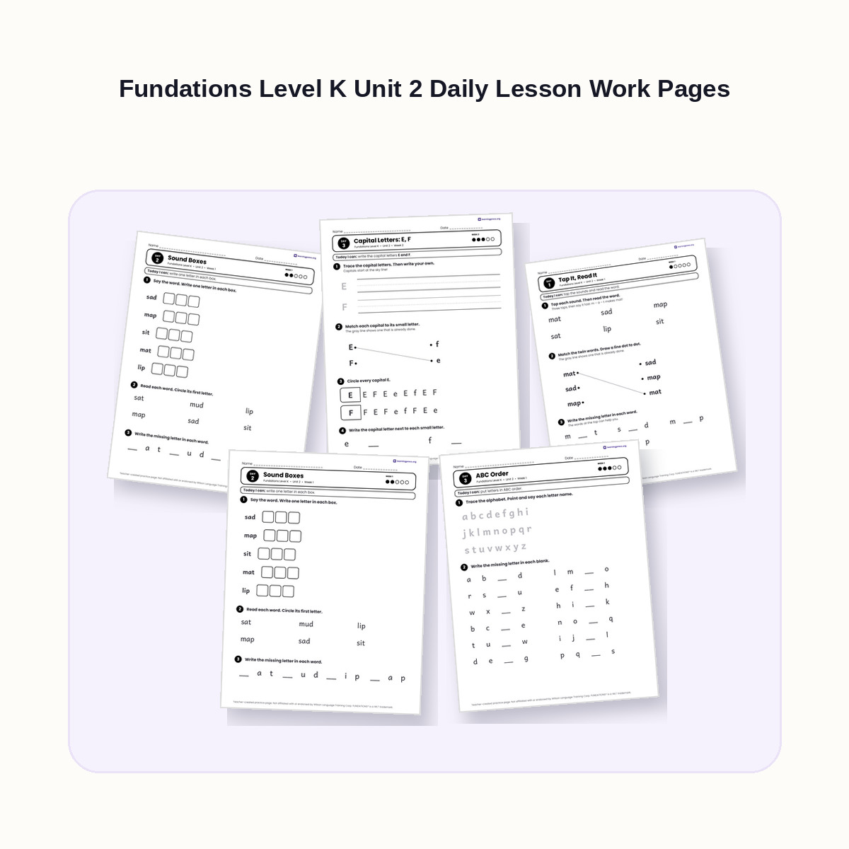 Preview of Fundations Level K Unit 2 Daily Lesson Work Pages