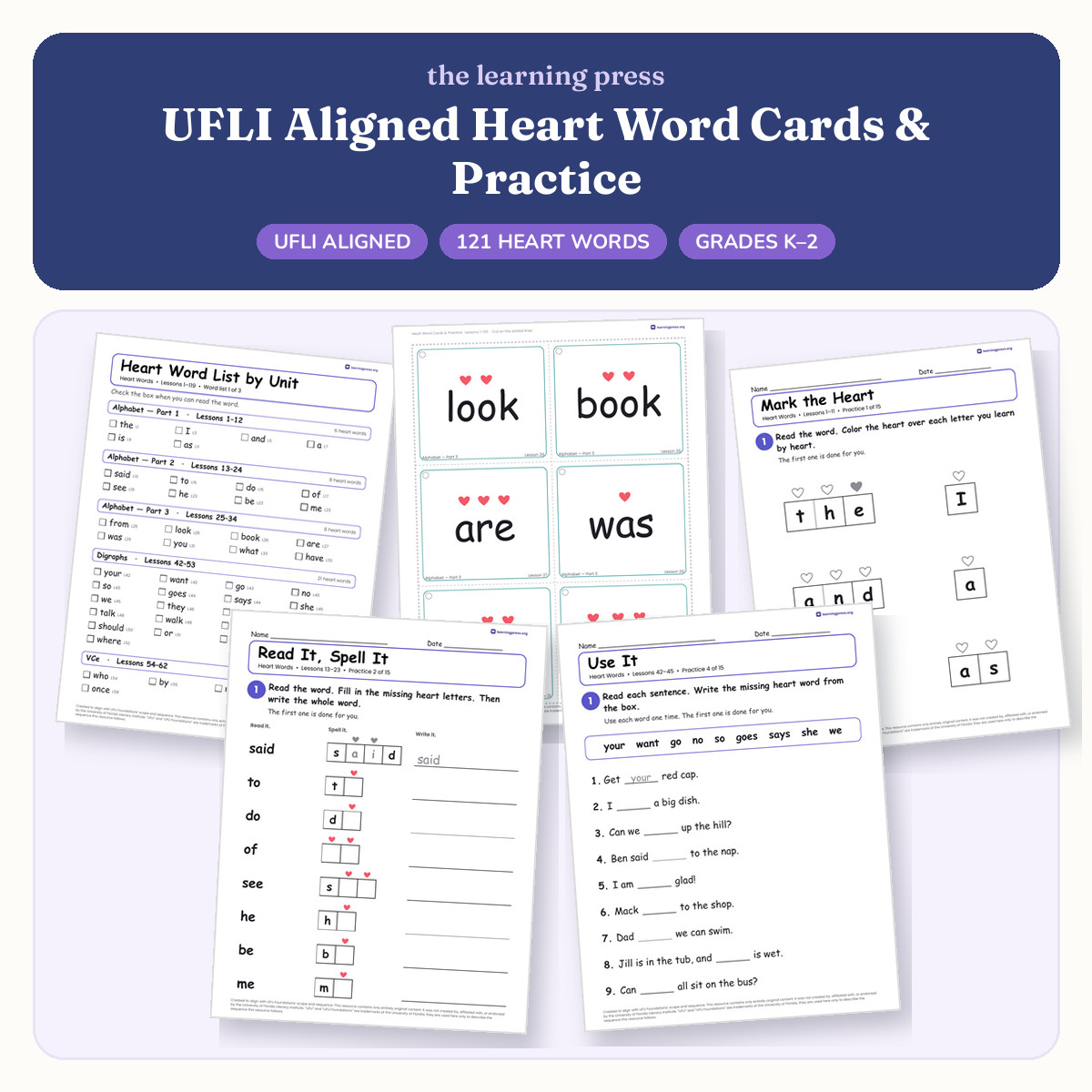 Preview of UFLI Aligned Heart Word Cards & Practice · Lessons 1 – 119 · 121 Heart Words