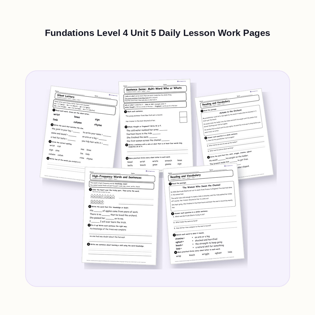 Preview of Fundations Level 4 Unit 5 Daily Lesson Work Pages